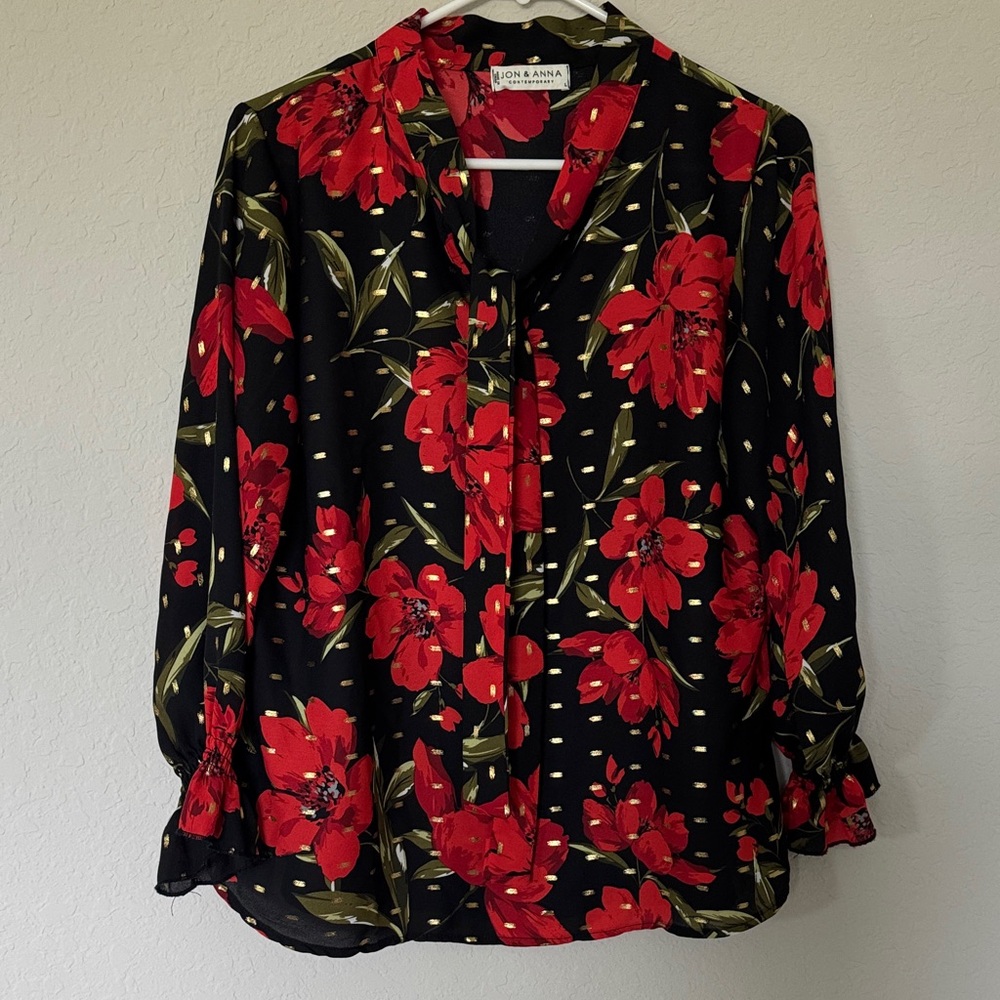 Jon & Anna Black Blouse with Red Floral Design